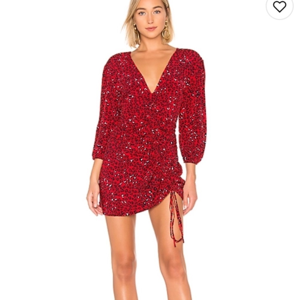 Lovers + Friends Dress Red Animal Print Mini Dress with Long Sleeve and Ruched